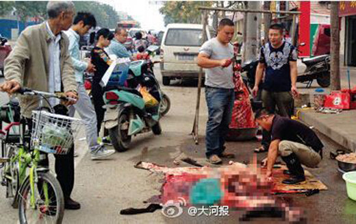 <em>驴肉馆当街杀驴</em>场面血腥 驴皮铺地上驴骨头挂