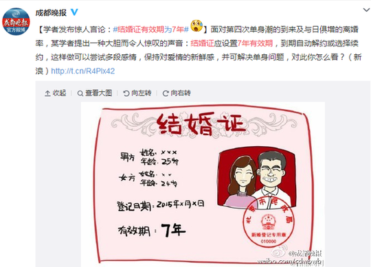 结婚证有效期7年 专家:专治"七年之痒 还能拉动经济增长(图)