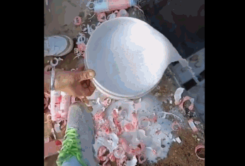 视频画面中，一群人正将整箱整箱的奶制品倒入下水道。来源：“较真青年”公众号