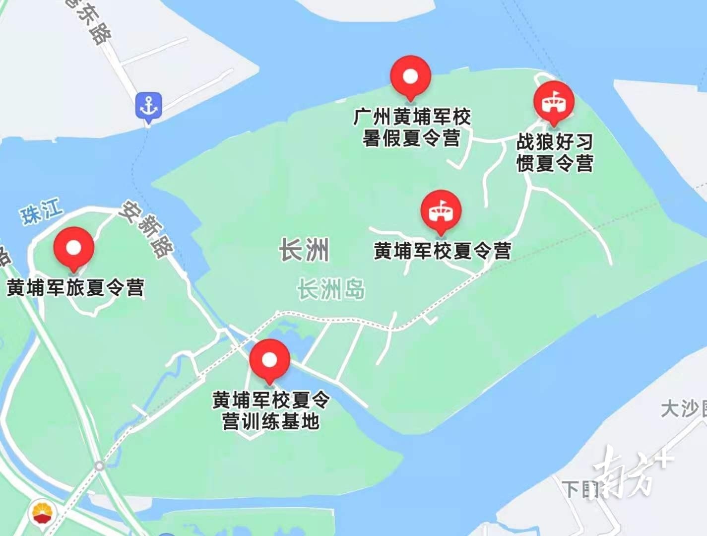 地图显示，长洲岛上的军训夏令营基地有5家。