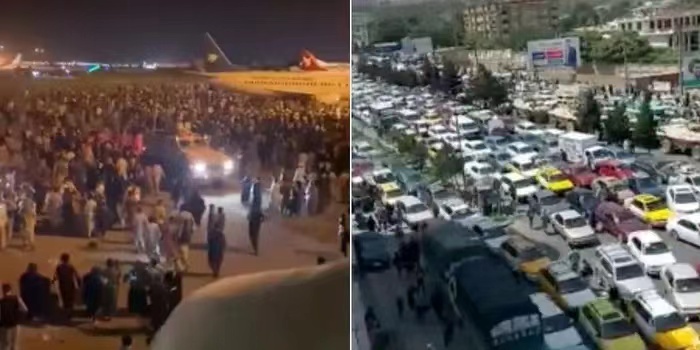 喀布尔机场涌入大量难民（左），喀布尔的路上也有许多人想要开车离开（右）。