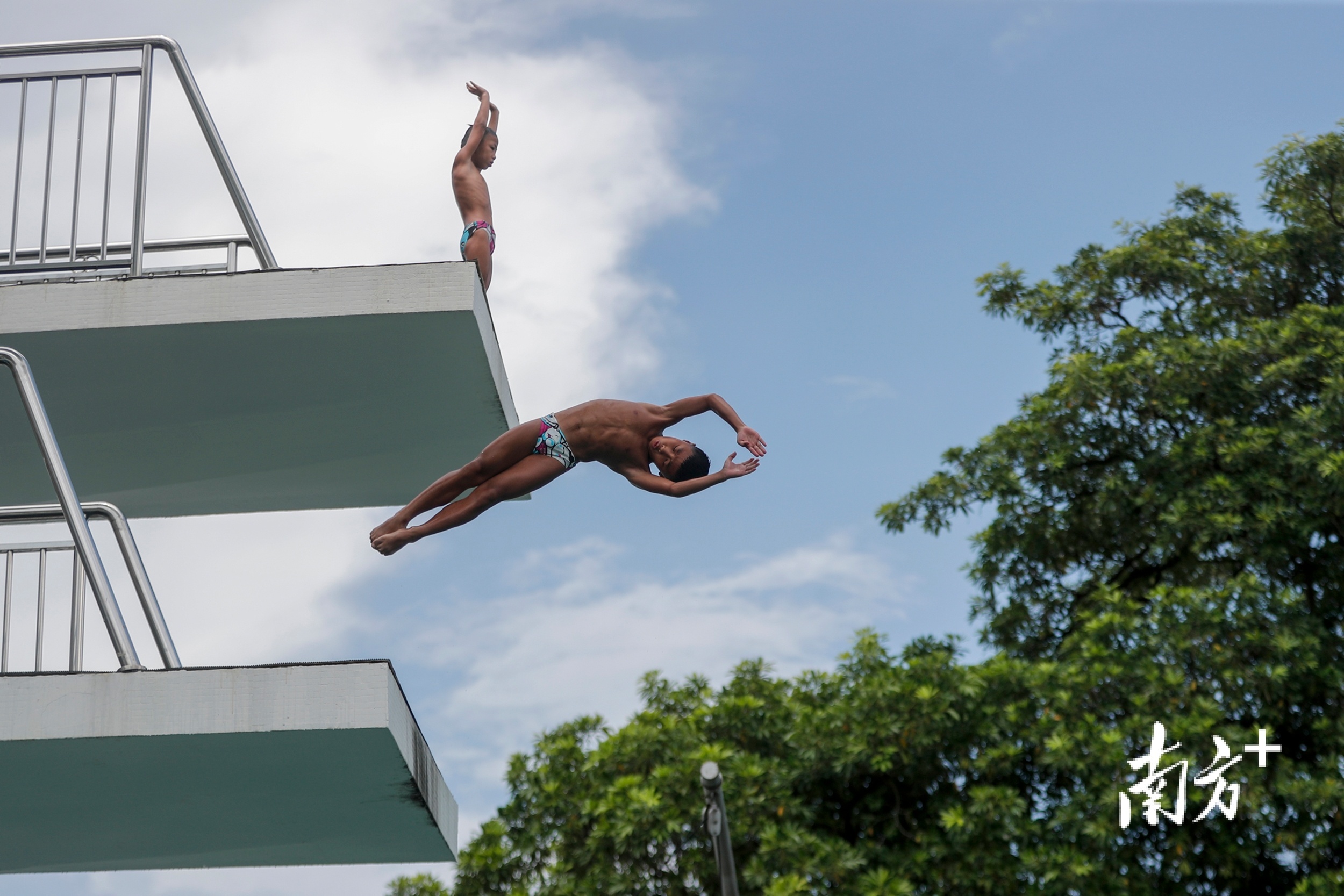 7月30日，在汕头体校的水上训练池，学员不断地在不同层高的跳水台重复练习。
