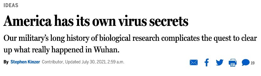 2021年7月30日，美国《波士顿环球报》发表题为《美国有自己的病毒秘密》的文章。